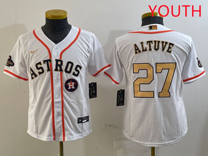 Youth Houston Astros 27 Altuve White Gold Game 2025 Nike MLB Jersey style 1